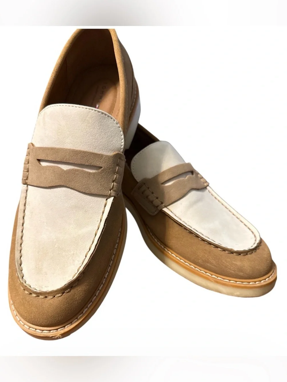 Tommy Hilfiger Sector Two-Tone Suede Penny Loafers - Tan & Cream Sz 9.5